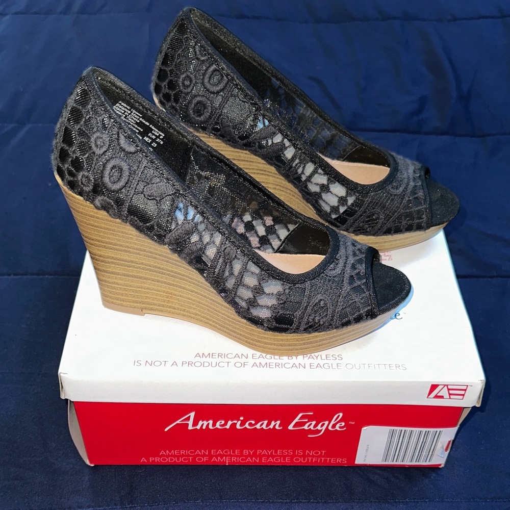 American Eagle Black Lace Wedge Shoes